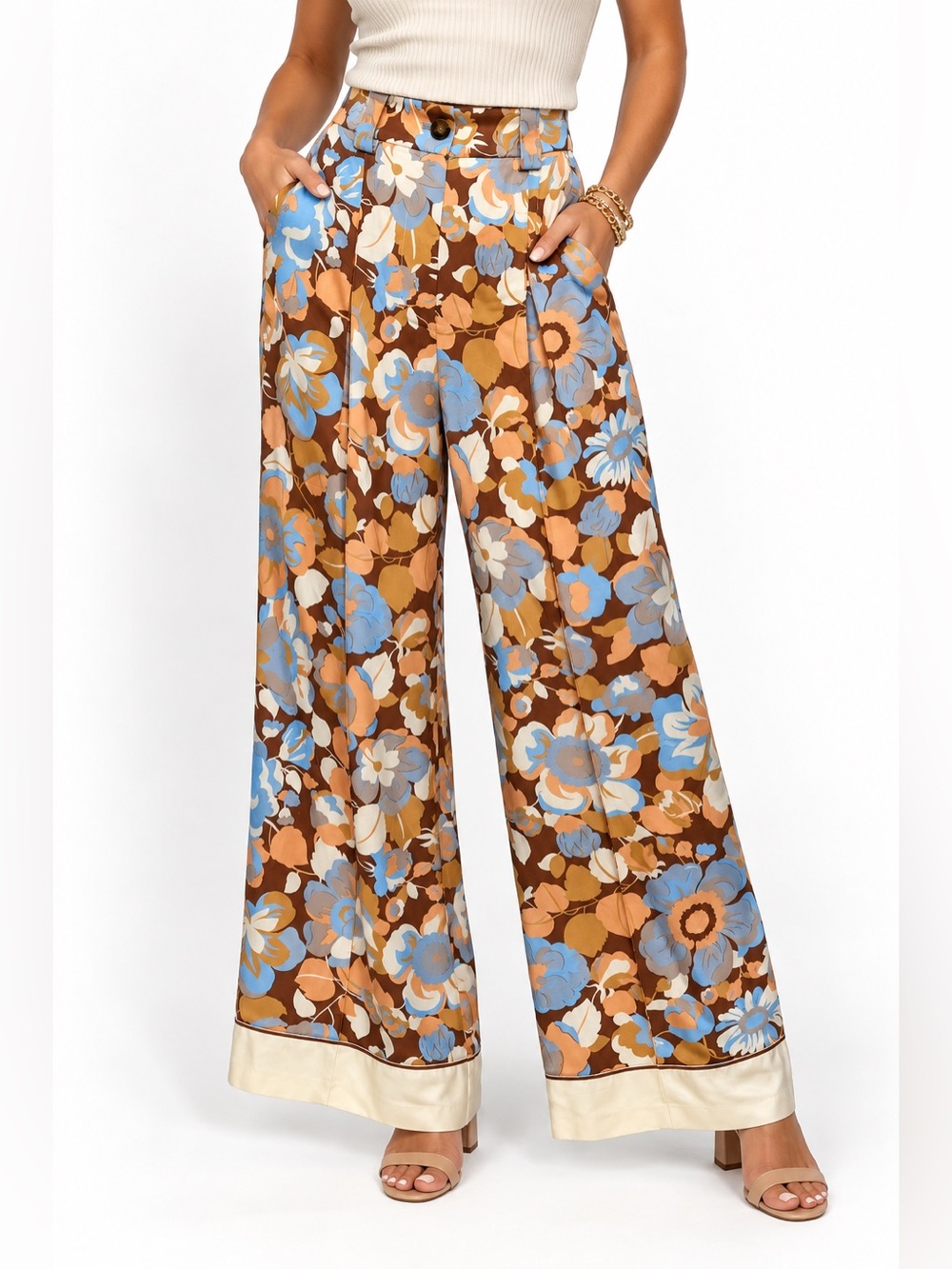 Sézane Pantalon Hériot Floral Wide Leg Pants in Brown & Blue Size 4 NWT